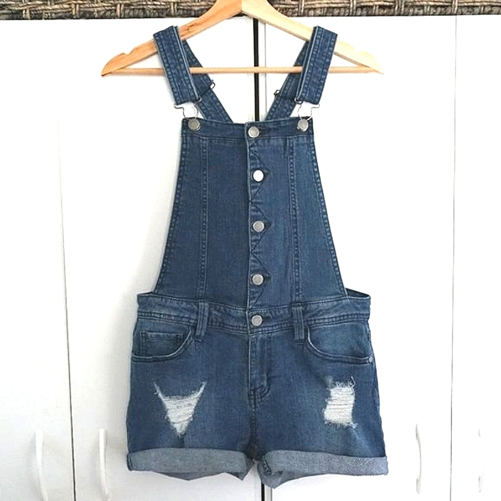 Tinseltown Distressed Button Down Denim Shorts Overalls